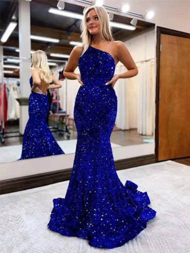 Bleu roi Sirène Balayage train Paillettes Velours Longue Robes de bal à Vendre