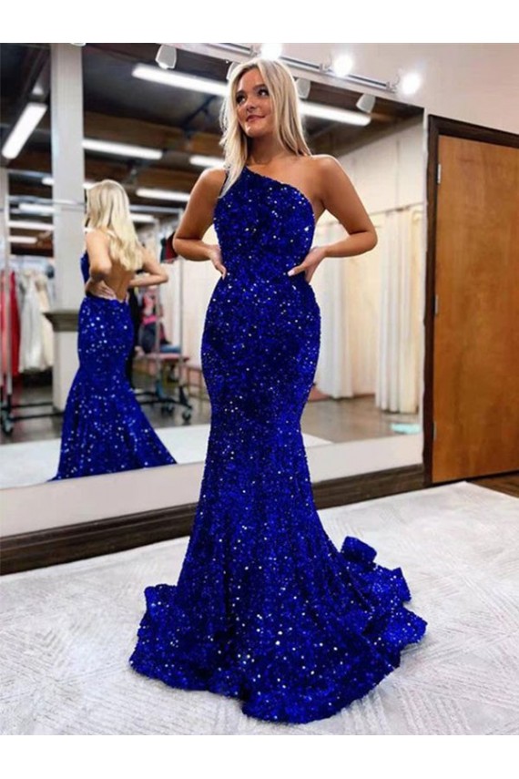 Bleu roi Sirène Balayage train Paillettes Velours Longue Robes de bal à Vendre