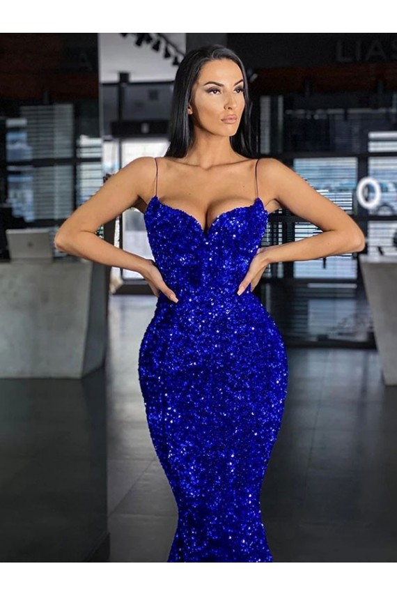 Bleu roi Sirène Bretelles spaghetti Balayage train Paillettes Velours Longue Robes de bal à Vendre