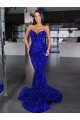 Bleu roi Sirène Bretelles spaghetti Balayage train Paillettes Velours Longue Robes de bal à Vendre