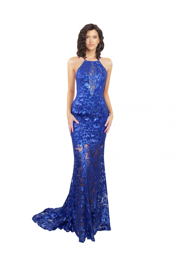Bleu roi Sirène Col Haut Dentelle Longue Robes demoiselle d'honneur / Robes de bal à Vendre