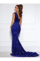 Bleu roi Sirène Traîne moyenne Paillettes Velours Longue Robes de bal à Vendre