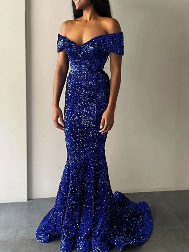 Bleu roi Sirène Épaule Dénudée Balayage train Paillettes Velours Longue Robes de bal à Vendre