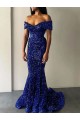 Bleu roi Sirène Épaule Dénudée Balayage train Paillettes Velours Longue Robes de bal à Vendre