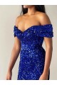 Bleu roi Sirène Épaule Dénudée Balayage train Paillettes Velours Longue Robes de bal à Vendre