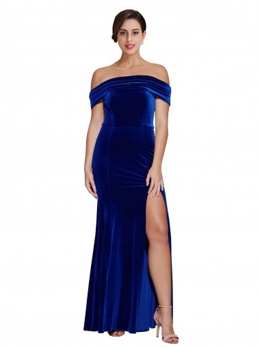 Bleu roi Sirène Épaule Dénudée Velours Stretch Longue Formelles Robes demoiselle d'honneur / Robes de soirée / Robes de bal à Vendre