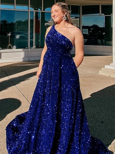Bleu roi Trapèze Balayage train Paillettes Velours Longue Robes de bal à Vendre