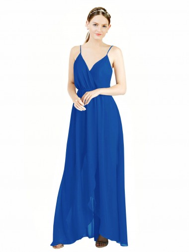 Bleu roi Trapèze Bretelles spaghetti Col V Mousseline Longue Robes demoiselle d'honneur à Vendre