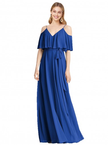 Bleu roi Trapèze Bretelles spaghetti Col V Mousseline Longue Robes demoiselle d'honneur à Vendre