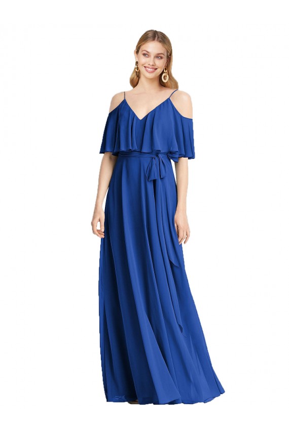 Bleu roi Trapèze Bretelles spaghetti Col V Mousseline Longue Robes demoiselle d'honneur à Vendre