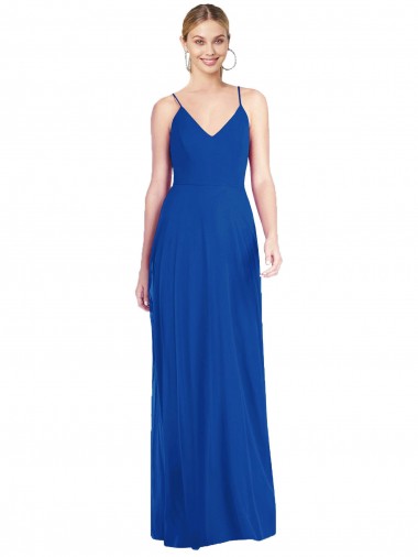 Bleu roi Trapèze Bretelles spaghetti Col V Mousseline Longue Robes demoiselle d'honneur à Vendre