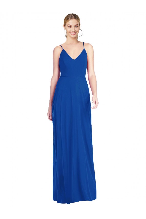 Bleu roi Trapèze Bretelles spaghetti Col V Mousseline Longue Robes demoiselle d'honneur à Vendre