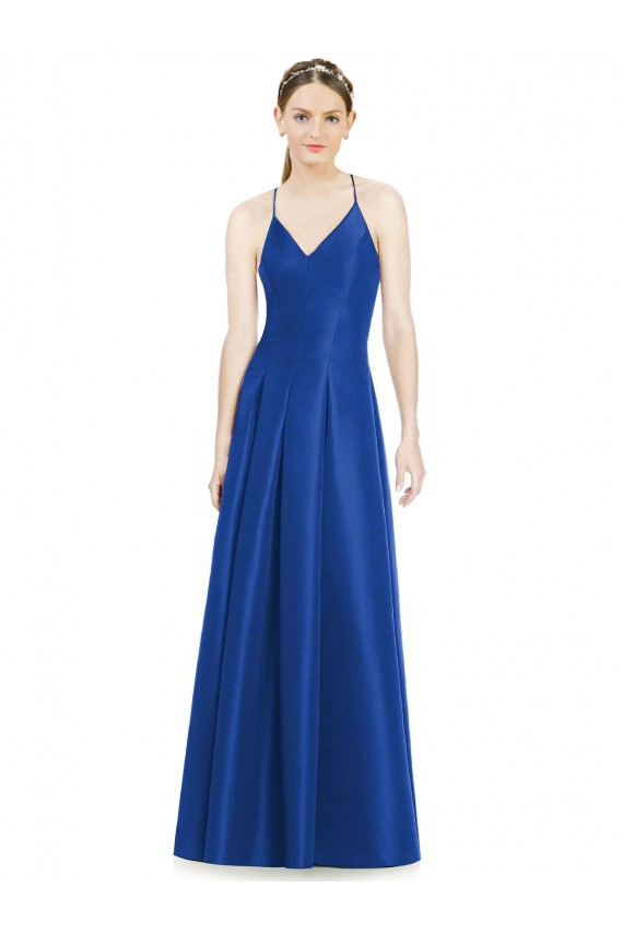 Bleu roi Trapèze Bretelles spaghetti Col V Satiné Longue Robes demoiselle d'honneur à Vendre