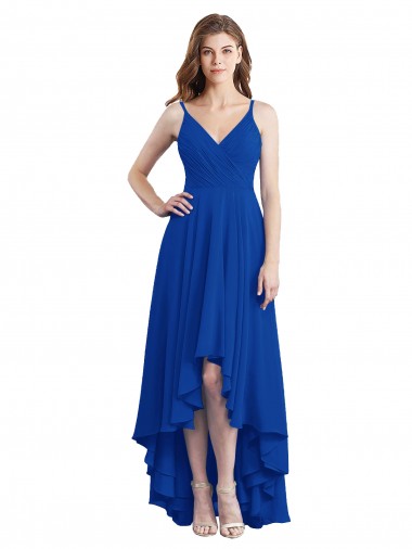 Bleu roi Trapèze Bretelles spaghetti Mousseline Longue Asymétrique Robes demoiselle d'honneur à Vendre