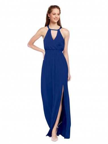 Bleu roi Trapèze Col Haut Mousseline Longue Robes demoiselle d'honneur à Vendre