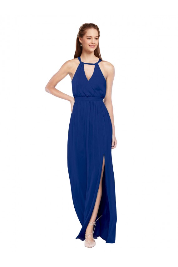 Bleu roi Trapèze Col Haut Mousseline Longue Robes demoiselle d'honneur à Vendre