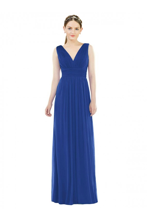 Bleu roi Trapèze Col V Mousseline Longue Robes demoiselle d'honneur à Vendre