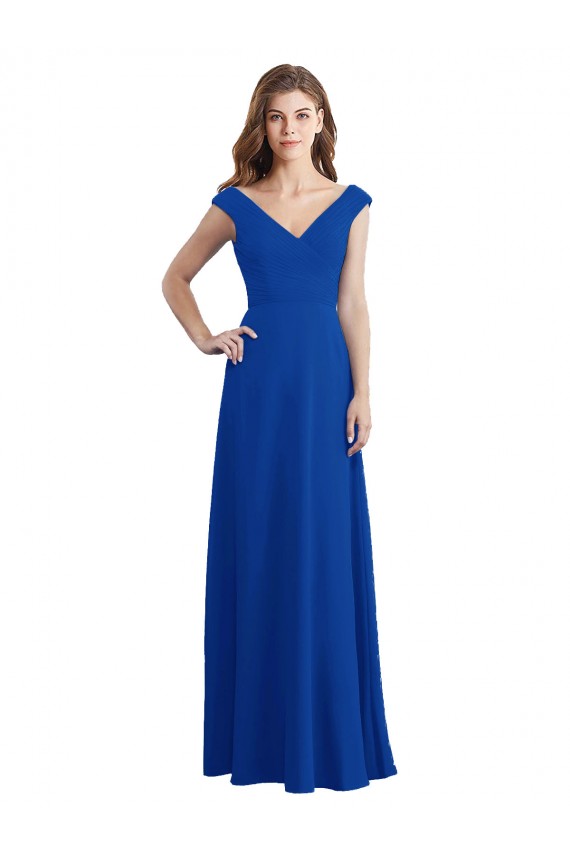 Bleu roi Trapèze Col V Mousseline Longue Robes demoiselle d'honneur à Vendre