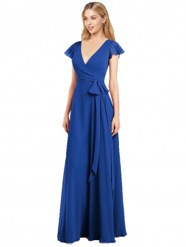Bleu roi Trapèze Col V Mousseline Longue Robes demoiselle d'honneur à Vendre