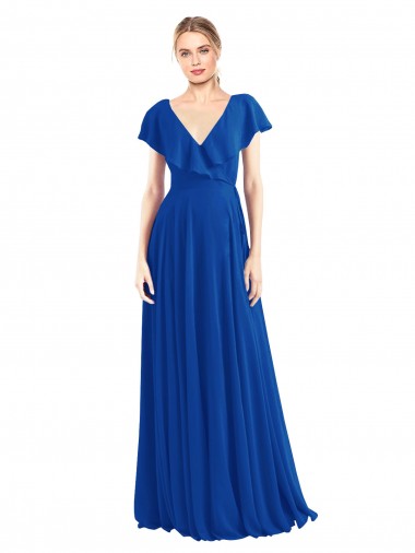 Bleu roi Trapèze Col V Mousseline Longue Robes demoiselle d'honneur à Vendre