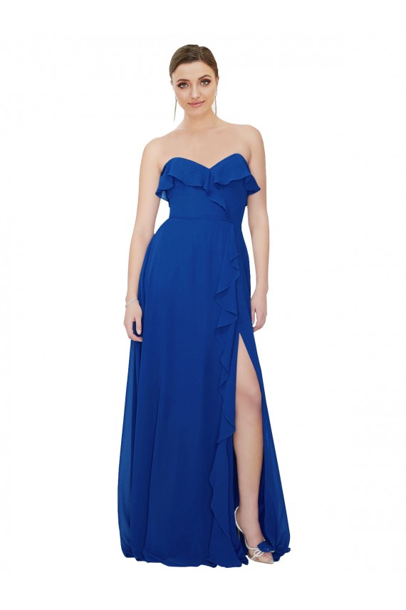 Bleu roi Trapèze Sans bretelle Mousseline Longue Robes demoiselle d'honneur à Vendre