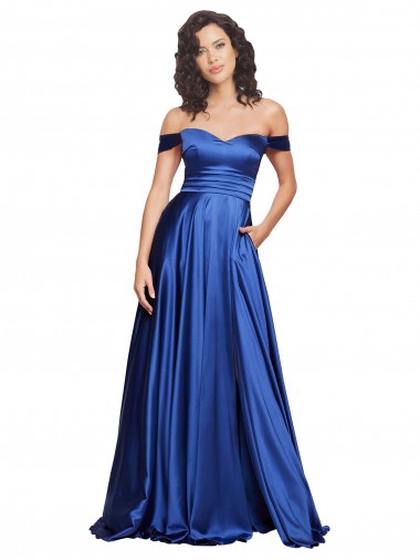 Bleu roi Trapèze Épaule Dénudée Balayage train Satiné Stretch Longue Formelles Robes demoiselle d'honneur / Robes de soirée / Robes de bal à Vendre