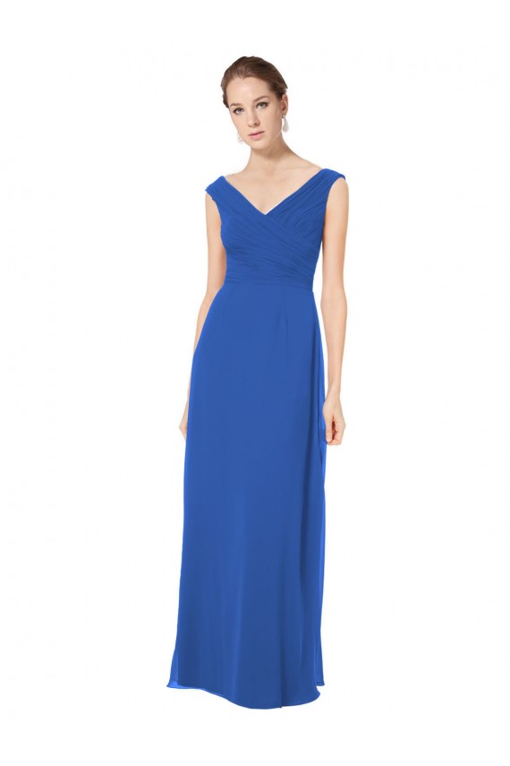 Bleu roi Trapèze Épaule Dénudée Col V Mousseline Longue Robes demoiselle d'honneur à Vendre