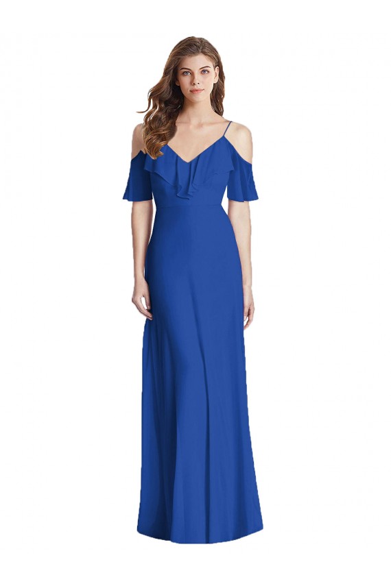 Bleu roi Trompette Bretelles spaghetti Col V Mousseline Longue Robes demoiselle d'honneur à Vendre