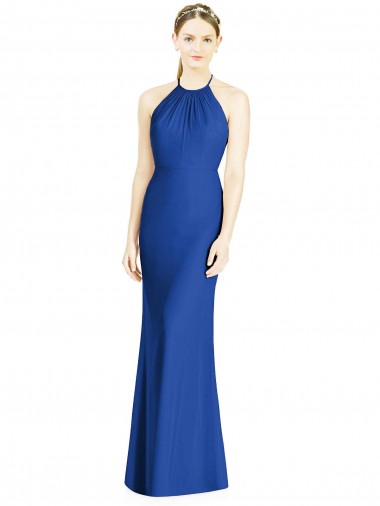 Bleu roi Trompette Licou Col Haut Mousseline Longue Robes demoiselle d'honneur à Vendre