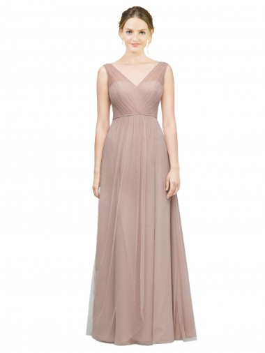 Blush Trapèze Col V Tulle Longue Robes demoiselle d'honneur à Vendre