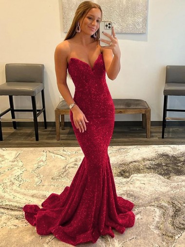 Bordeaux Fourreau Balayage train Paillettes Velours Longue Robes de bal à Vendre