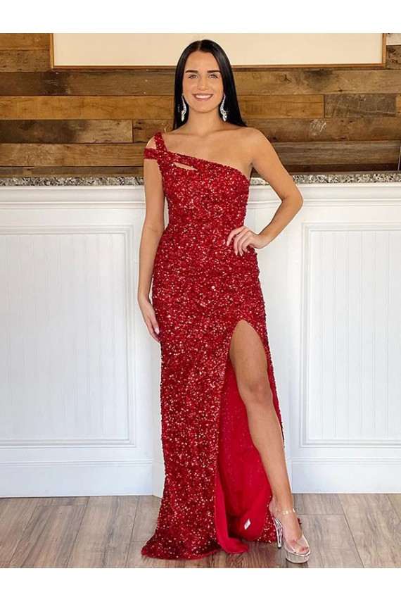 Bordeaux Fourreau Balayage train Paillettes Velours Longue Robes de bal à Vendre