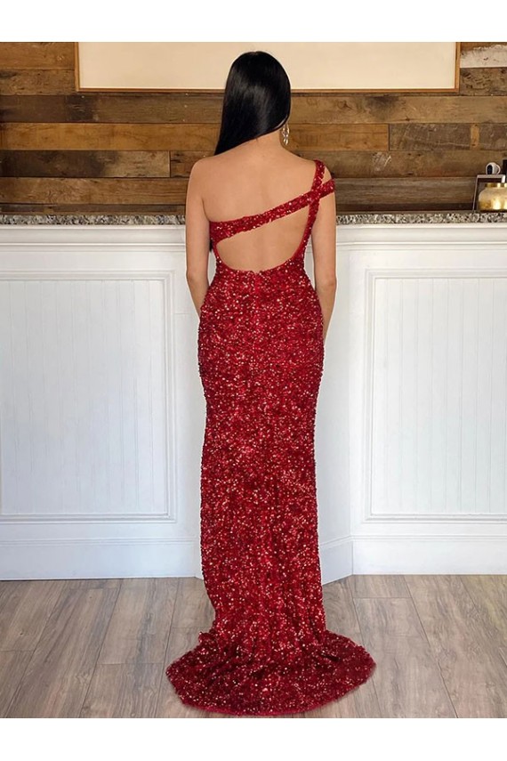 Bordeaux Fourreau Balayage train Paillettes Velours Longue Robes de bal à Vendre