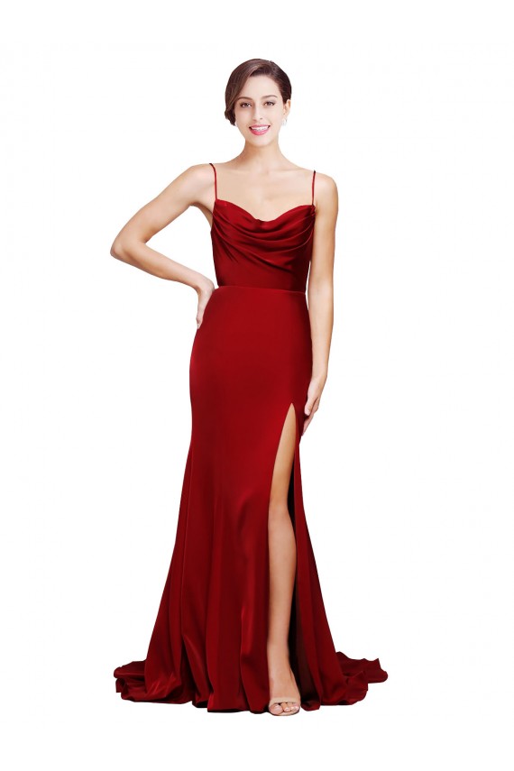 Bordeaux Fourreau Bretelles spaghetti Balayage train Satiné Stretch Longue Formelles Robes demoiselle d'honneur / Robes de soirée / Robes de bal à Vendre