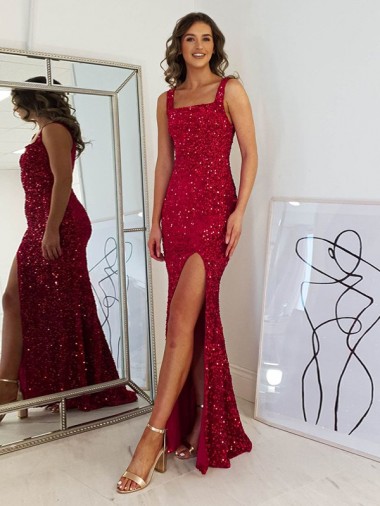 Bordeaux Fourreau Col Carré Paillettes Velours Longue Robes de bal à Vendre