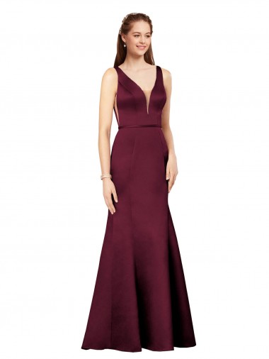 Bordeaux Fourreau Col V Satiné Longue Formelles Robes demoiselle d'honneur / Robes de soirée / Robes de bal à Vendre