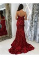 Bordeaux Fourreau Traîne moyenne Paillettes Velours Longue Robes de bal à Vendre