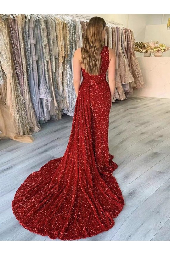Bordeaux Fourreau Traîne moyenne Paillettes Velours Longue Robes de bal à Vendre