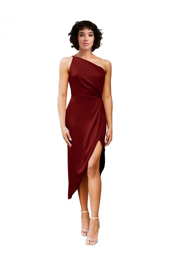 Bordeaux Fourreau midi Satiné Stretch Courte Robes demoiselle d'honneur / Robes de soirée / Robes de cocktail à Vendre