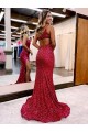 Bordeaux Sirène Balayage train Paillettes Velours Longue Robes de bal à Vendre