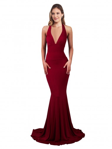 Bordeaux Sirène Licou Col V Spandex Longue Formelles Robes demoiselle d'honneur / Robes de soirée / Robes de bal à Vendre