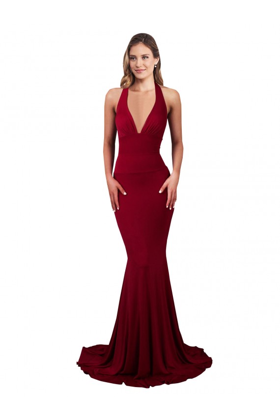 Bordeaux Sirène Licou Col V Spandex Longue Formelles Robes demoiselle d'honneur / Robes de soirée / Robes de bal à Vendre