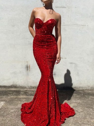 Bordeaux Sirène Traîne moyenne Paillettes Velours Longue Robes de bal à Vendre