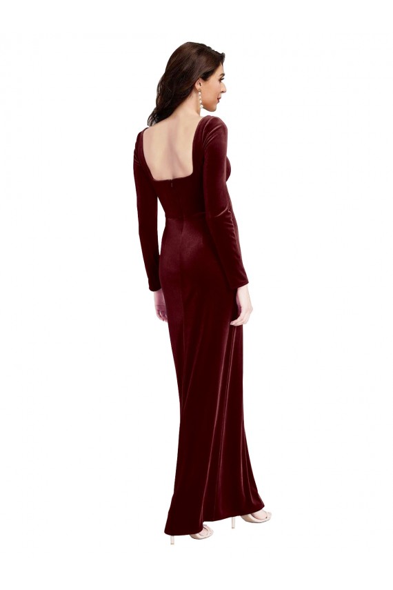 Bordeaux Trapèze Bretelles spaghetti Col Carré Velours Stretch Longue Robes demoiselle d'honneur / Robes de bal à Vendre