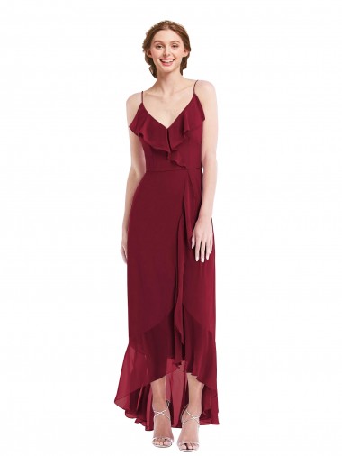 Bordeaux Trapèze Bretelles spaghetti Col V Mousseline Longue Asymétrique Robes demoiselle d'honneur à Vendre