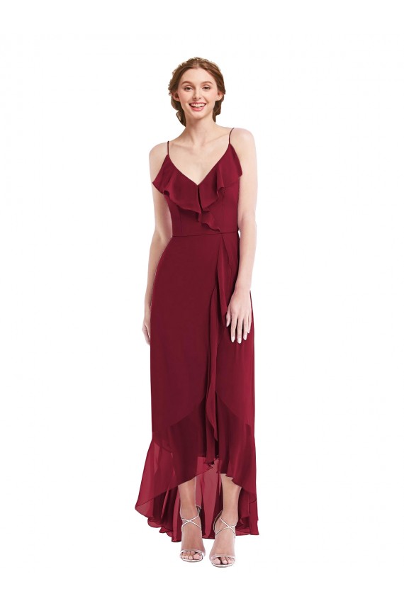 Bordeaux Trapèze Bretelles spaghetti Col V Mousseline Longue Asymétrique Robes demoiselle d'honneur à Vendre