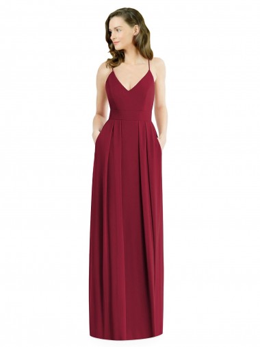 Bordeaux Trapèze Bretelles spaghetti Col V Mousseline Longue Robes demoiselle d'honneur à Vendre