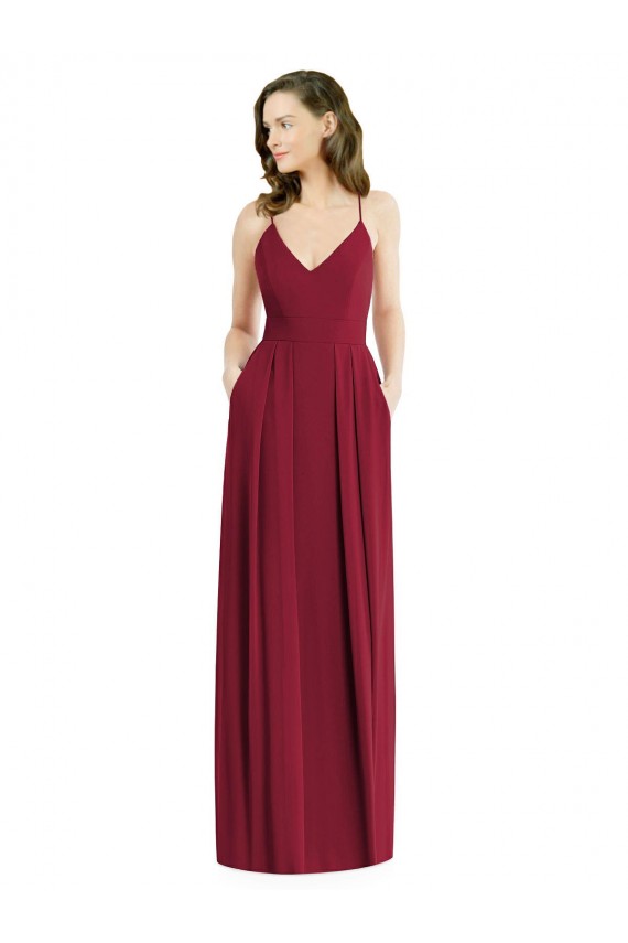 Bordeaux Trapèze Bretelles spaghetti Col V Mousseline Longue Robes demoiselle d'honneur à Vendre
