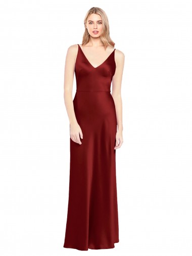 Bordeaux Trapèze Bretelles spaghetti Col V Satiné Stretch Longue Formelles Robes demoiselle d'honneur / Robes de soirée / Robes de bal à Vendre