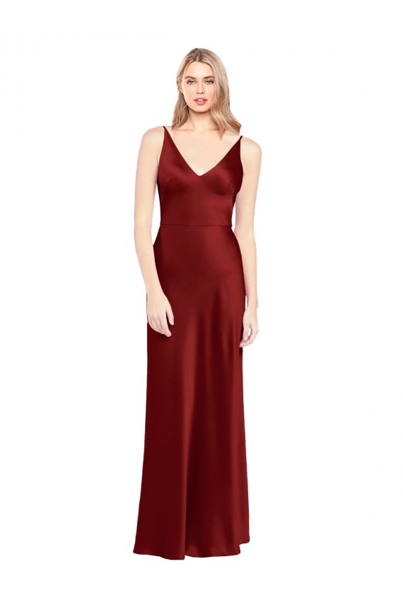 Bordeaux Trapèze Bretelles spaghetti Col V Satiné Stretch Longue Formelles Robes demoiselle d'honneur / Robes de soirée / Robes de bal à Vendre